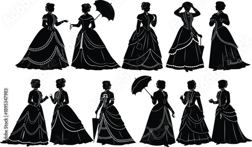 Victorian women silhouette illustration collection, elegant vintage ladies in historical dresses with parasols, classic fashion poses, black and white vector artwork