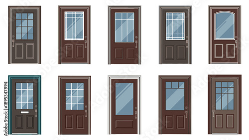 Selection of brown wooden front doors with different window glass designs and panel styles for residential architecture and home decor.