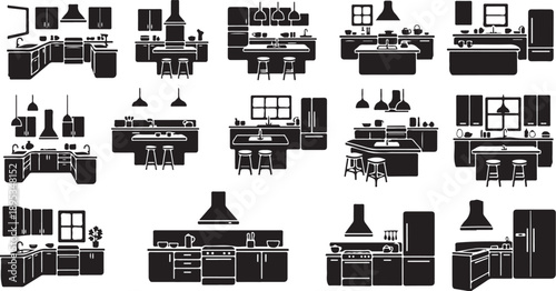 Various kitchen layouts and designs in black and white