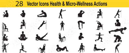 Silhouette icons of people performing health and wellness actions Keywords: silhouette, icon