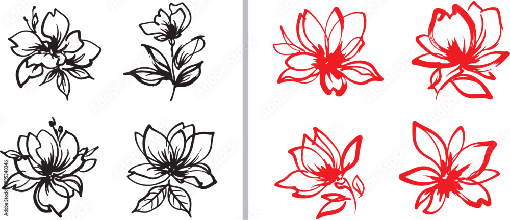Obraz premium Dynamic vector set of stylized blossoms rendered in bold ink strokes, featuring four delicate black-and-white sketches and four vibrant red gestural drawings with an organic, hand-painted feel.