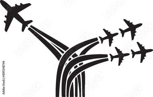 Airplanes flying in formation on a highway overpass silhouette