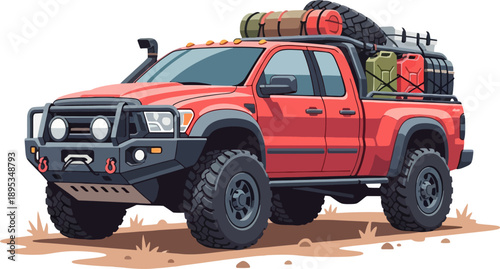 Offroad Pickup Truck in Rugged Terrain, Powerful Utility Vehicle for Adventure and Work, Detailed Vector Illustration