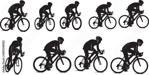 Silhouette of cyclist riding bicycle in various motion positions