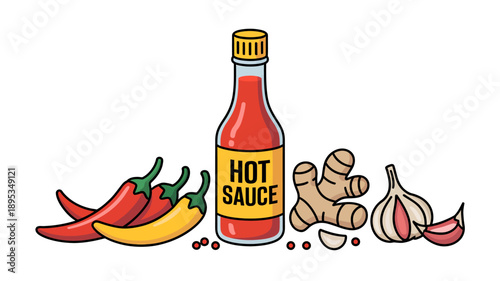 Cartoon illustration of hot sauce bottle with ingredients  peppers ginger garlic