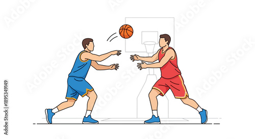 Two basketball players competing intensely in a defensive stance on a court, illustration