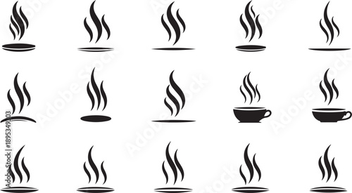 Black coffee cup steam icons on white background set