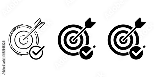 Three black and white target icons with arrows and checkmarks on transparent background