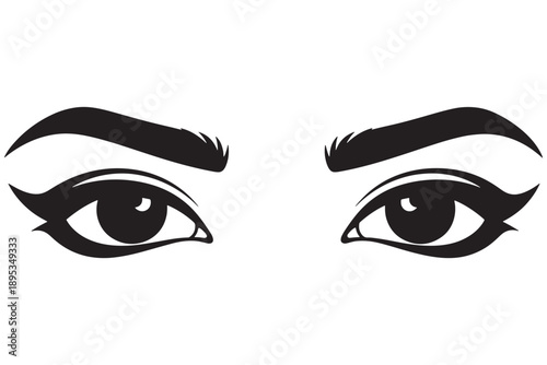 A close-up illustration of a woman's eyes with bold eyeliner and thick eyebrows.