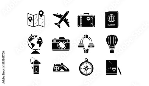 Travel and tourism glyph icon set for vacation planning.