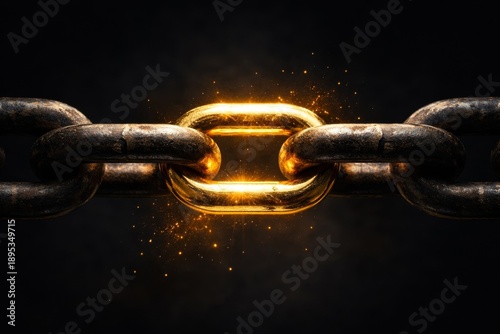 A rusted iron chain with a single strong golden link, a powerful metaphor for the strongest link, leadership, and reliability.