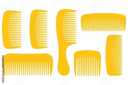 A collection of yellow combs on a white background for grooming and hair care