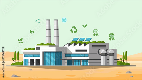 Eco-friendly industrial facility with solar panels and green roof
