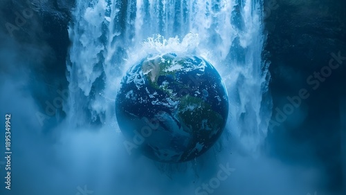 Waterfall Forming Earth Globe Symbolizing Global Water Power