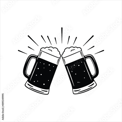Two glasses of beer clinking in a celebratory toast black and white illustration