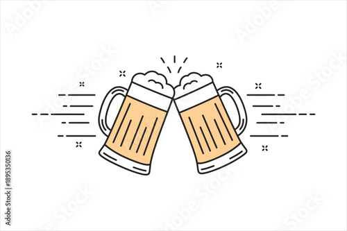 Two mugs of beer clinking together in a simple line art illustration