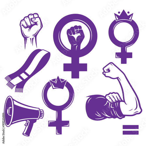 Purple Symbols of Feminism and Equality  Fist Scarf Megaphone Gender Symbols