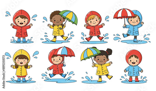 Kids splashing in puddles flat vector clipart set isolated