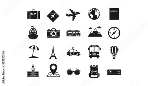 Large collection of travel and tourism icons in black silhouette style.