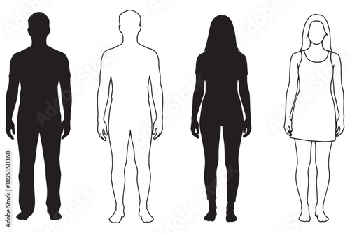 Four human silhouettes standing in a row on a white background