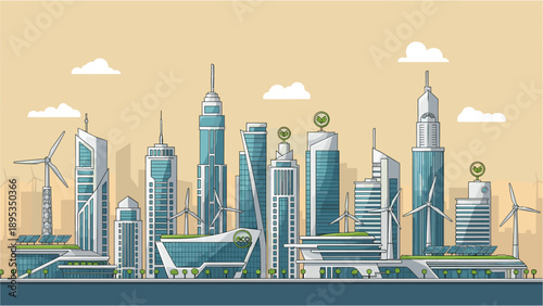 Eco friendly cityscape with wind turbines and green architecture