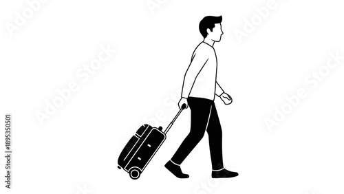 Vector illustration of a man walking carrying a wheeled suitcase for travel