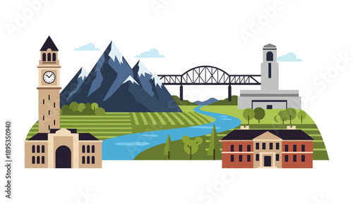 Scenic city landscape illustration with mountains, river, bridge, and historic clock tower.