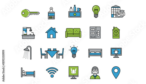 Real estate and hotel amenities icon set, flat line vector illustration for property rental.