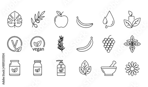 Vegan organic food and cosmetics line icon set vector