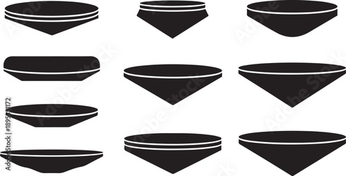 Collection of black bowl shapes with white lines isolated
