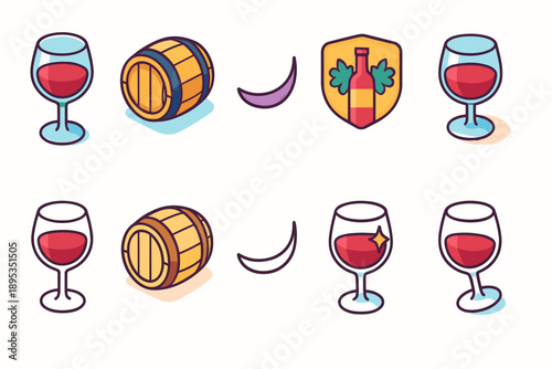 Wine and barrel icon set. Wine, barrel, red, drink icons in flat style