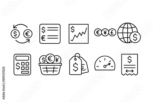 Currency and finance line icon set. Global money, exchange, and banking icons.
