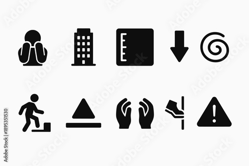 Safety and warning filled icon set. Essential symbols for safety signage
