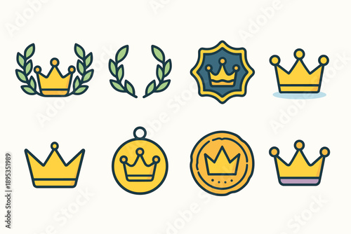 Crown, royalty flat icon set. Classic crown, symbols collection in flat design