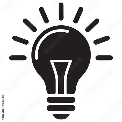 A simple black and white icon of a light bulb with rays emanating from it