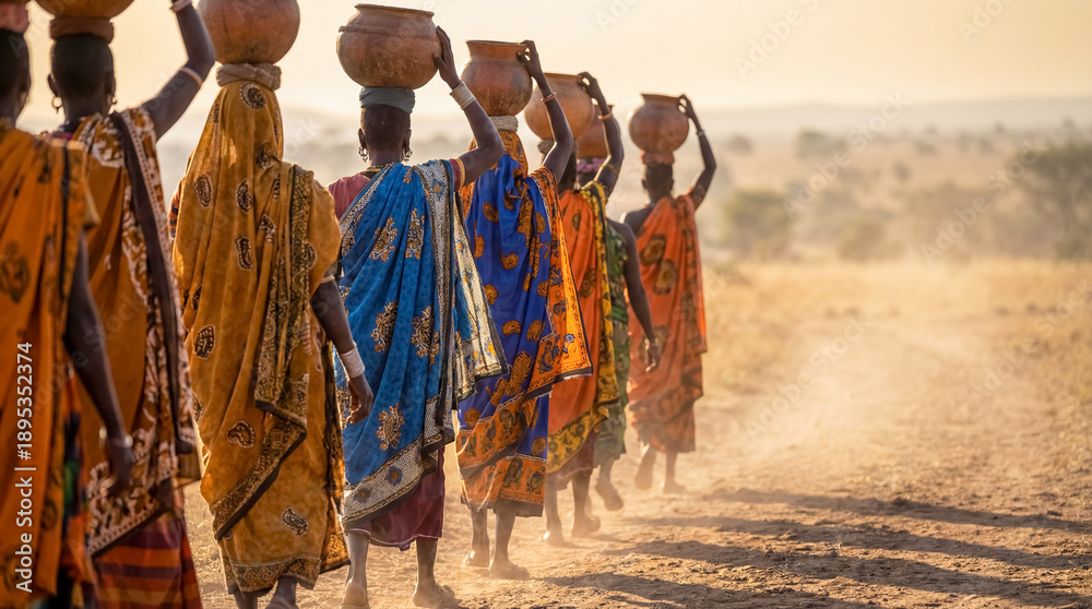 Fototapeta premium African women carrying water clay pots on heads walking in savanna village lifestyle background copy space rural community daily labor resource nature