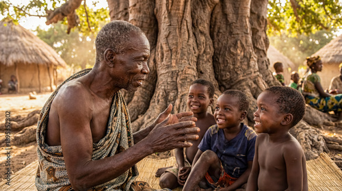 African tribal elder teaching children in village school education culture background copy space indigenous youth future wisdom oral history