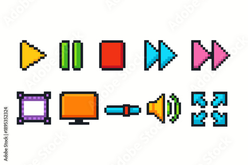 Media control, playback pixel icon set. Retro, navigation icons in pixel art style