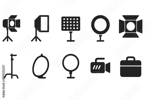 Photography equipment silhouette icon set. Camera, lighting tools, accessories collection