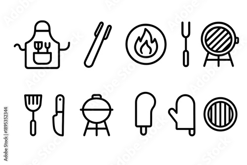 Barbecue, cooking line icon set. Grill tools and food outlines collection