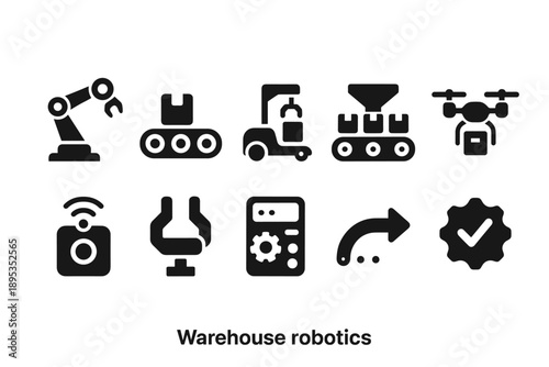 Warehouse robotics solid icon set. Automated machinery and logistics icons collection
