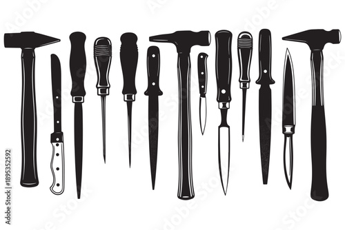 A collection of various sharp tools and hammers on a white background