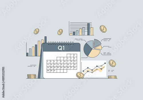 Financial Planning For First Quarter Growth With Charts Calendar And Coins For Business Success Strategy