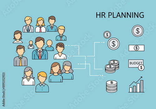 Human Resources Planning Process Demonstrating Talent Management and Financial Budget Allocation with Growth Chart Icons