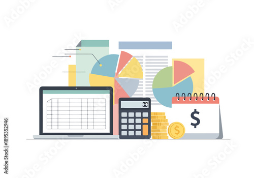 Financial Planning and Analysis Tools for Business Growth and Data Management with Laptop Calculator Pie Charts and Calendar Overview