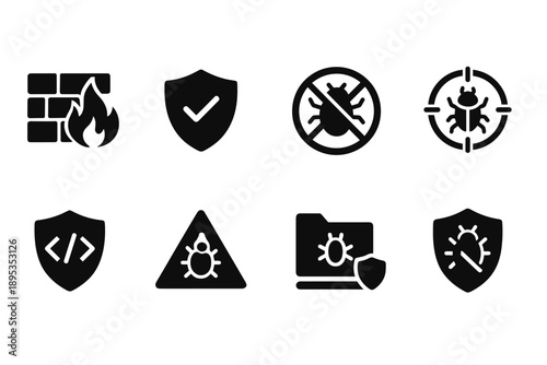 Cybersecurity solid icon set. Protection, firewall, bug shield icons collection