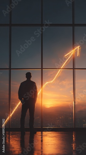 A person drawing a rising graph arrow on a glass wall, view from behind, business growth concept