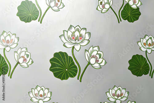A seamless pattern with pichwai style lotus arranged in a tile-style repeat on a turquoise background. It can be used for printing on various surfaces like textiles and paper or digital work as well. 