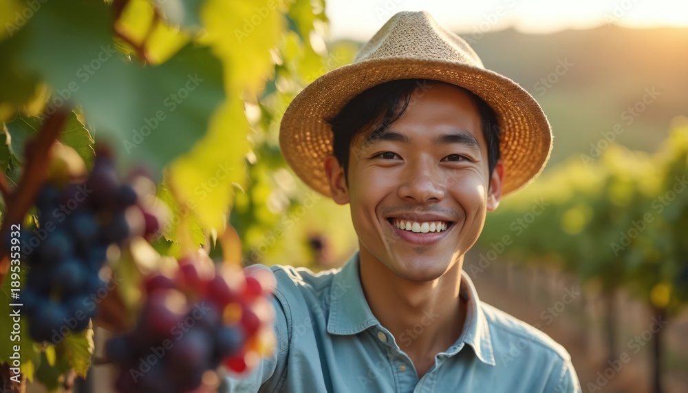 Fototapeta premium Asian farmer with straw hat smiles holding ripe grapes in vineyard during harvest. Man works on grape farm, sun shines on green leaves, organic fruit growing.