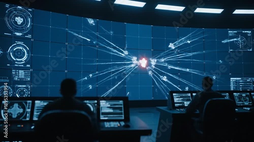 People watch a large screen with maps and data in a dark control room